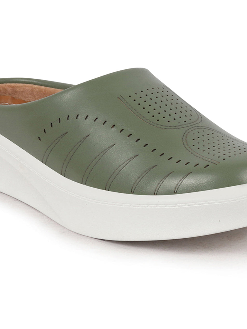 Shop Women Olive Perforated Laser Cut Classic Back Open Slip On Mules Shoes|Work|Casual|Loafer Shoes|Comfort Online.