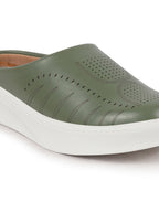 Shop Women Olive Perforated Laser Cut Classic Back Open Slip On Mules Shoes|Work|Casual|Loafer Shoes|Comfort Online.