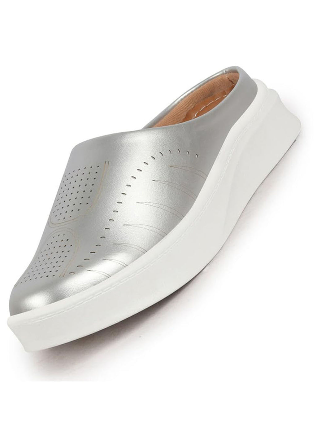 Shop Women Silver Perforated Laser Cut Classic Back Open Slip On Mules Shoes|Work|Casual|Loafer Shoes|Comfort Online.