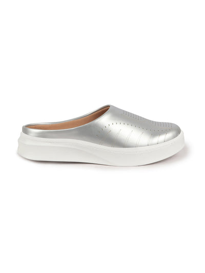 Shop Women Silver Perforated Laser Cut Classic Back Open Slip On Mules Shoes|Work|Casual|Loafer Shoes|Comfort Online.