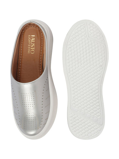 Shop Women Silver Perforated Laser Cut Classic Back Open Slip On Mules Shoes|Work|Casual|Loafer Shoes|Comfort Online.