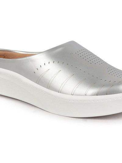 Shop Women Silver Perforated Laser Cut Classic Back Open Slip On Mules Shoes|Work|Casual|Loafer Shoes|Comfort Online.