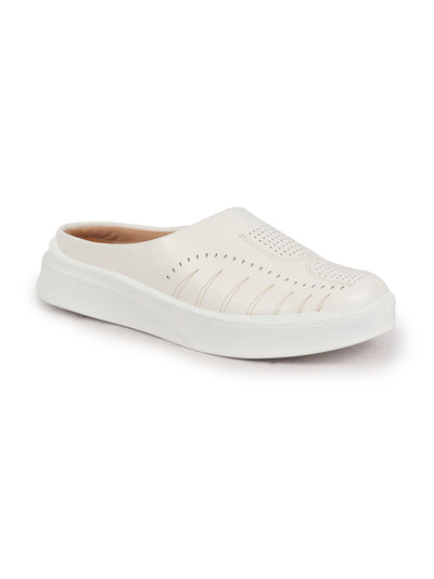 Shop Women White Perforated Laser Cut Classic Back Open Slip On Mules Shoes|Work|Casual|Loafer Shoes|Comfort Online.