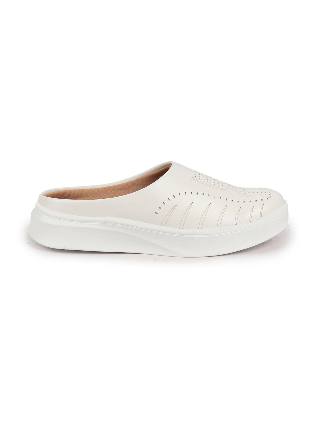 Shop Women White Perforated Laser Cut Classic Back Open Slip On Mules Shoes|Work|Casual|Loafer Shoes|Comfort Online.