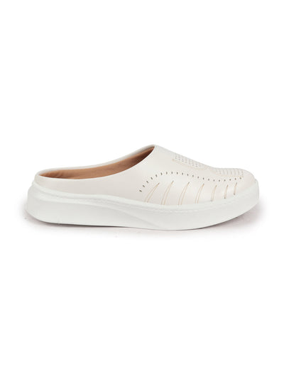 Shop Women White Perforated Laser Cut Classic Back Open Slip On Mules Shoes|Work|Casual|Loafer Shoes|Comfort Online.