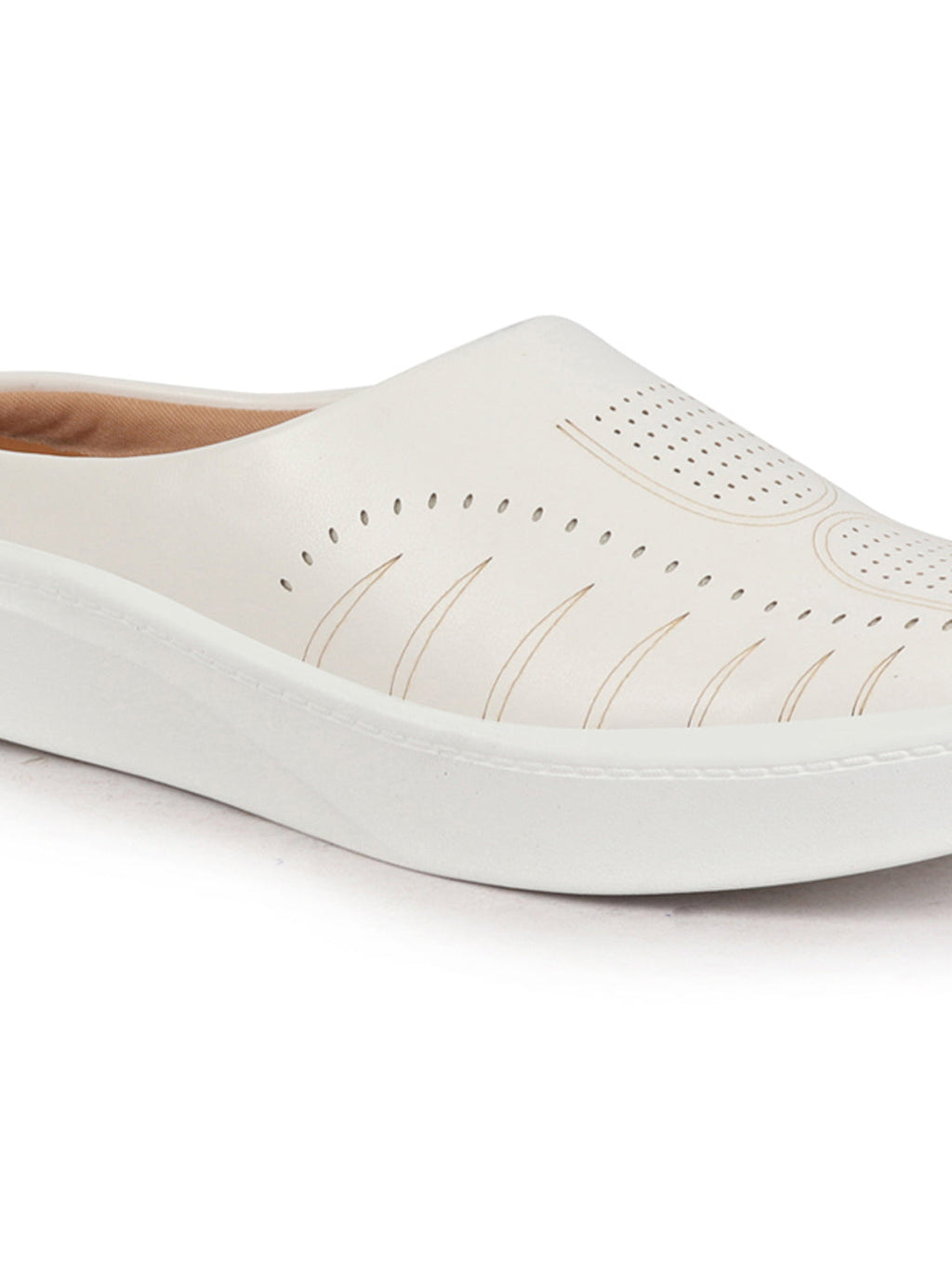 Shop Women White Perforated Laser Cut Classic Back Open Slip On Mules Shoes|Work|Casual|Loafer Shoes|Comfort Online.