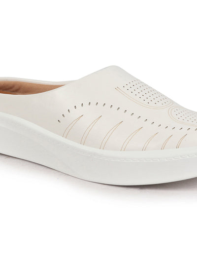 Shop Women White Perforated Laser Cut Classic Back Open Slip On Mules Shoes|Work|Casual|Loafer Shoes|Comfort Online.