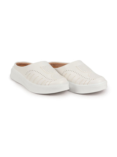 Shop Women White Perforated Laser Cut Classic Back Open Slip On Mules Shoes|Work|Casual|Loafer Shoes|Comfort Online.