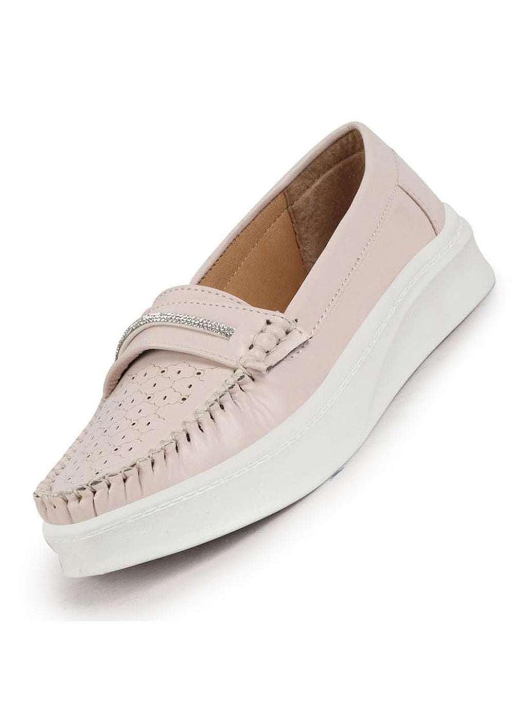 Shop Women Cream Perforated Laser Cut Stitched Height Enhancer Slip On Loafer|Work|Classic|Slip On Shoes|Office Wear Online.