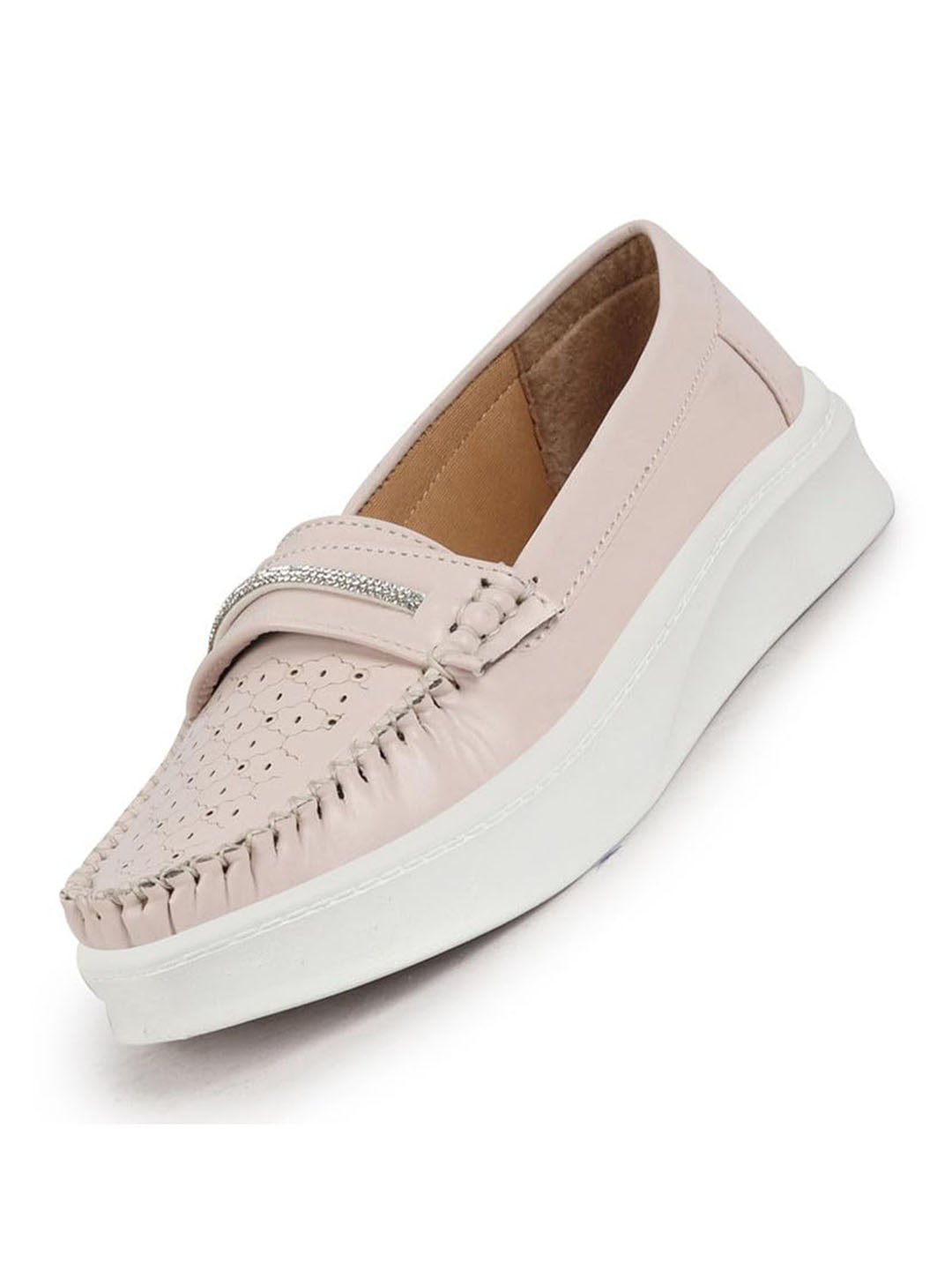 Shop Women Cream Perforated Laser Cut Stitched Height Enhancer Slip On Loafer|Work|Classic|Slip On Shoes|Office Wear Online.