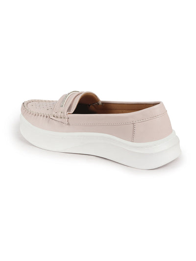 Shop Women Cream Perforated Laser Cut Stitched Height Enhancer Slip On Loafer|Work|Classic|Slip On Shoes|Office Wear Online.