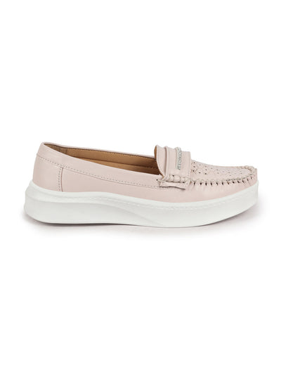 Shop Women Cream Perforated Laser Cut Stitched Height Enhancer Slip On Loafer|Work|Classic|Slip On Shoes|Office Wear Online.