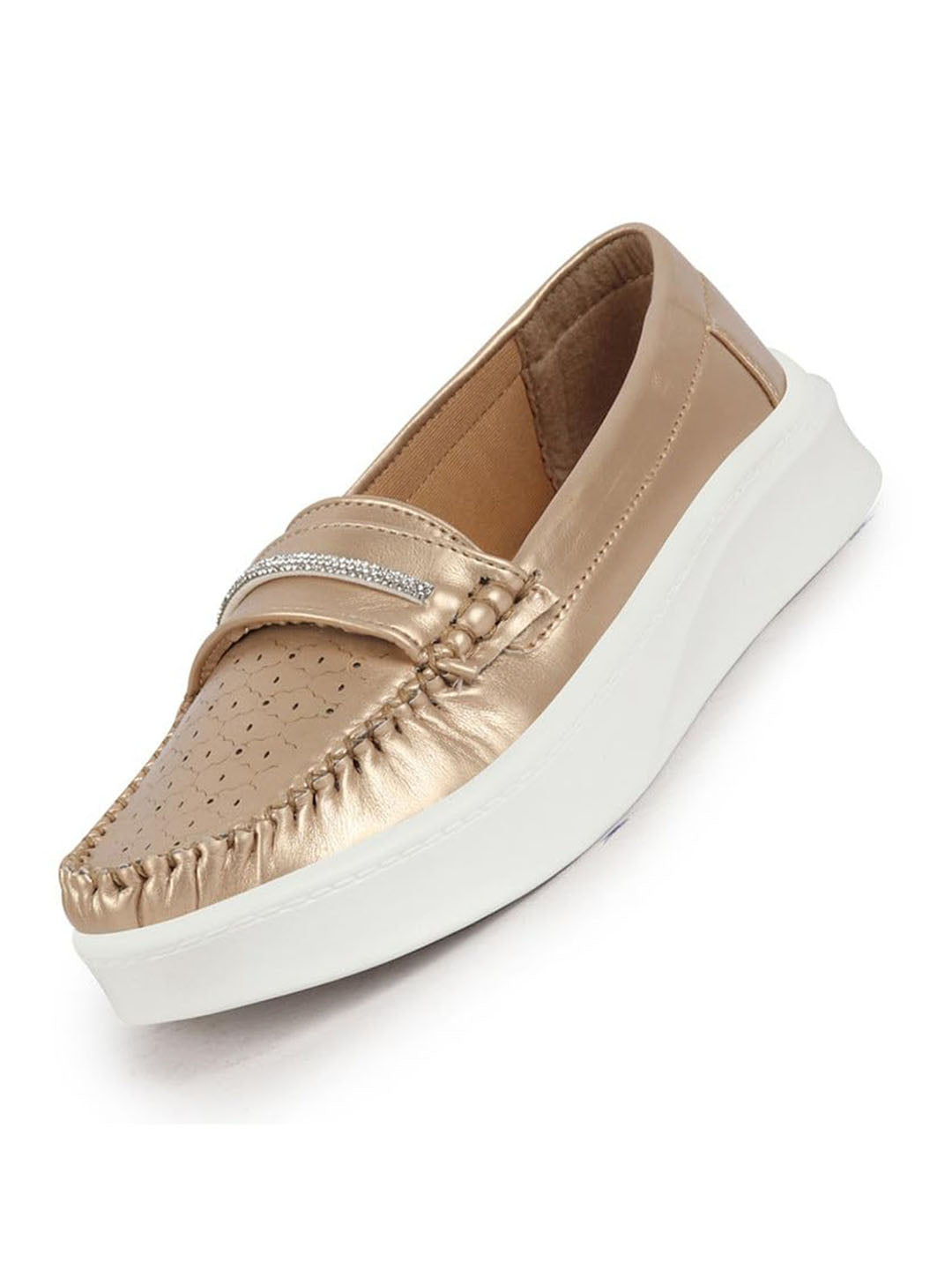 Shop Women Golden Perforated Laser Cut Stitched Height Enhancer Slip On Loafer|Work|Classic|Slip On Shoes|Office Wear Online.