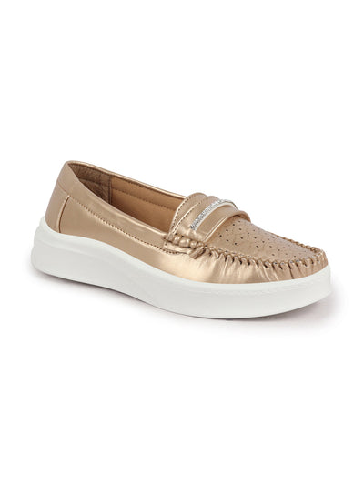 Shop Women Golden Perforated Laser Cut Stitched Height Enhancer Slip On Loafer|Work|Classic|Slip On Shoes|Office Wear Online.