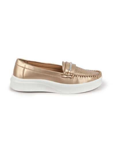 Shop Women Golden Perforated Laser Cut Stitched Height Enhancer Slip On Loafer|Work|Classic|Slip On Shoes|Office Wear Online.