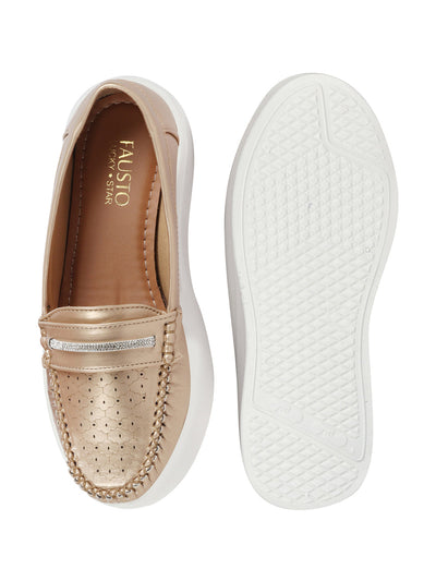 Shop Women Golden Perforated Laser Cut Stitched Height Enhancer Slip On Loafer|Work|Classic|Slip On Shoes|Office Wear Online.