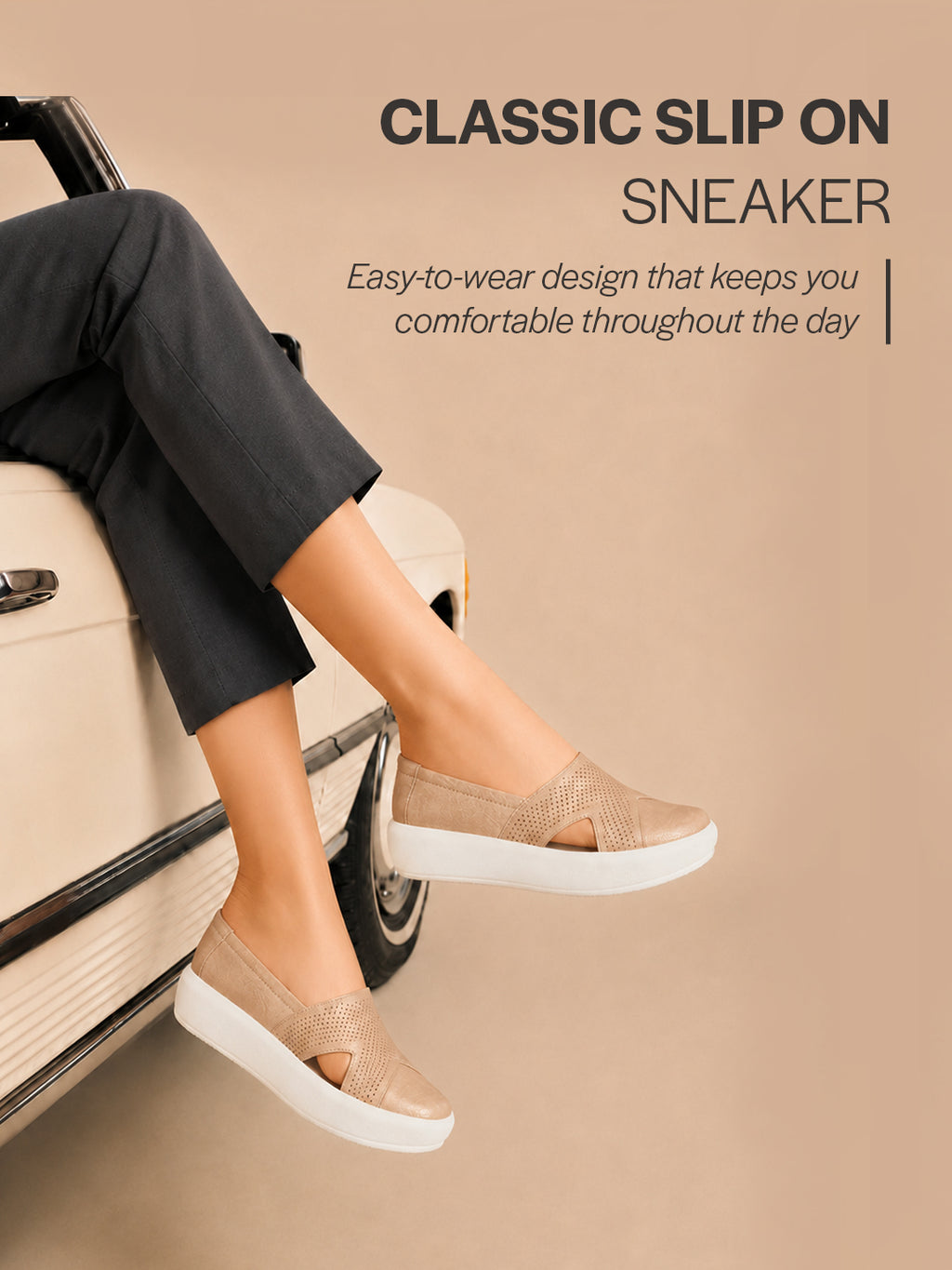 Women Beige Height Enhancer Lightweight Classic Breathable Slip On Sneaker Shoe|Memory Cushion Insole|Comfortable Anti Skid Sole