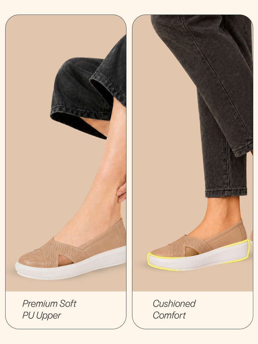 Women Beige Height Enhancer Lightweight Classic Breathable Slip On Sneaker Shoe|Memory Cushion Insole|Comfortable Anti Skid Sole