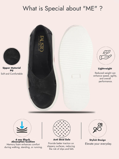 Women Black Height Enhancer Lightweight Classic Breathable Slip On Sneaker Shoe|Memory Cushion Insole|Comfortable Anti Skid Sole