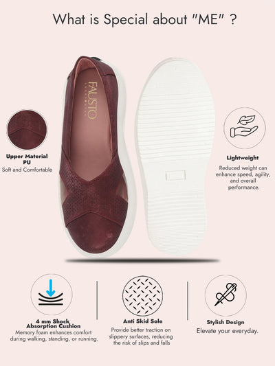 Women Maroon Height Enhancer Lightweight Classic Breathable Slip On Sneaker Shoe|Memory Cushion Insole|Comfortable Anti Skid Sole