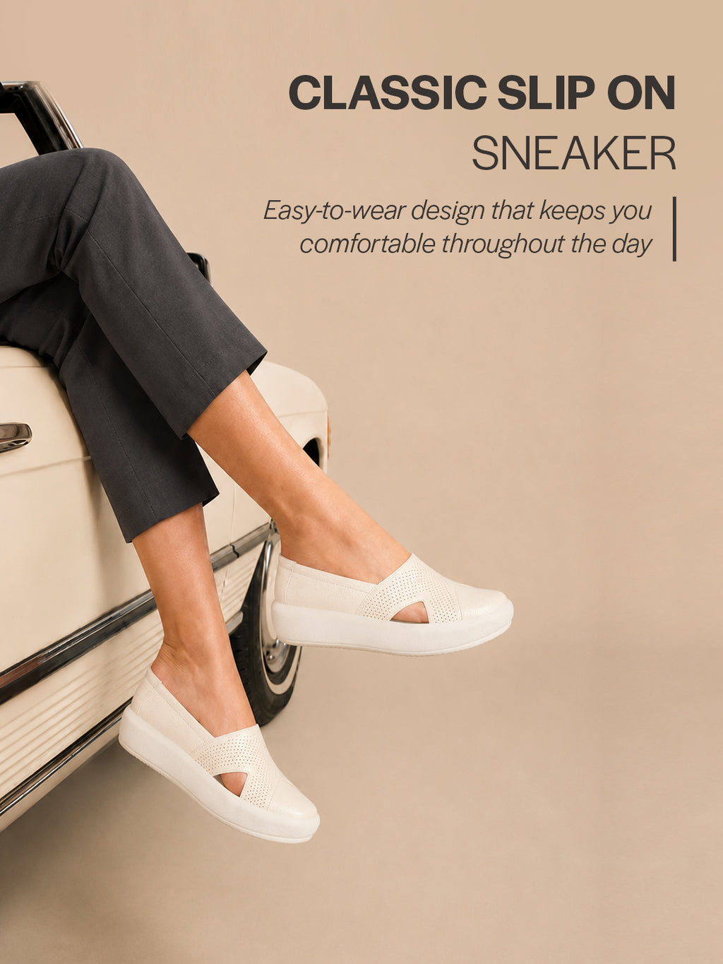Women White Height Enhancer Lightweight Classic Breathable Slip On Sneaker Shoe|Memory Cushion Insole|Comfortable Anti Skid Sole