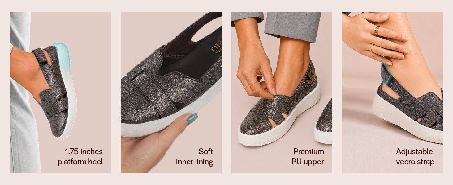 Women Silver Embellished Backstrap Height Enhancer Hook and Loop Slip on Shoes|Casual Shoe|Evening Party Shoe|Anti Skid Sole