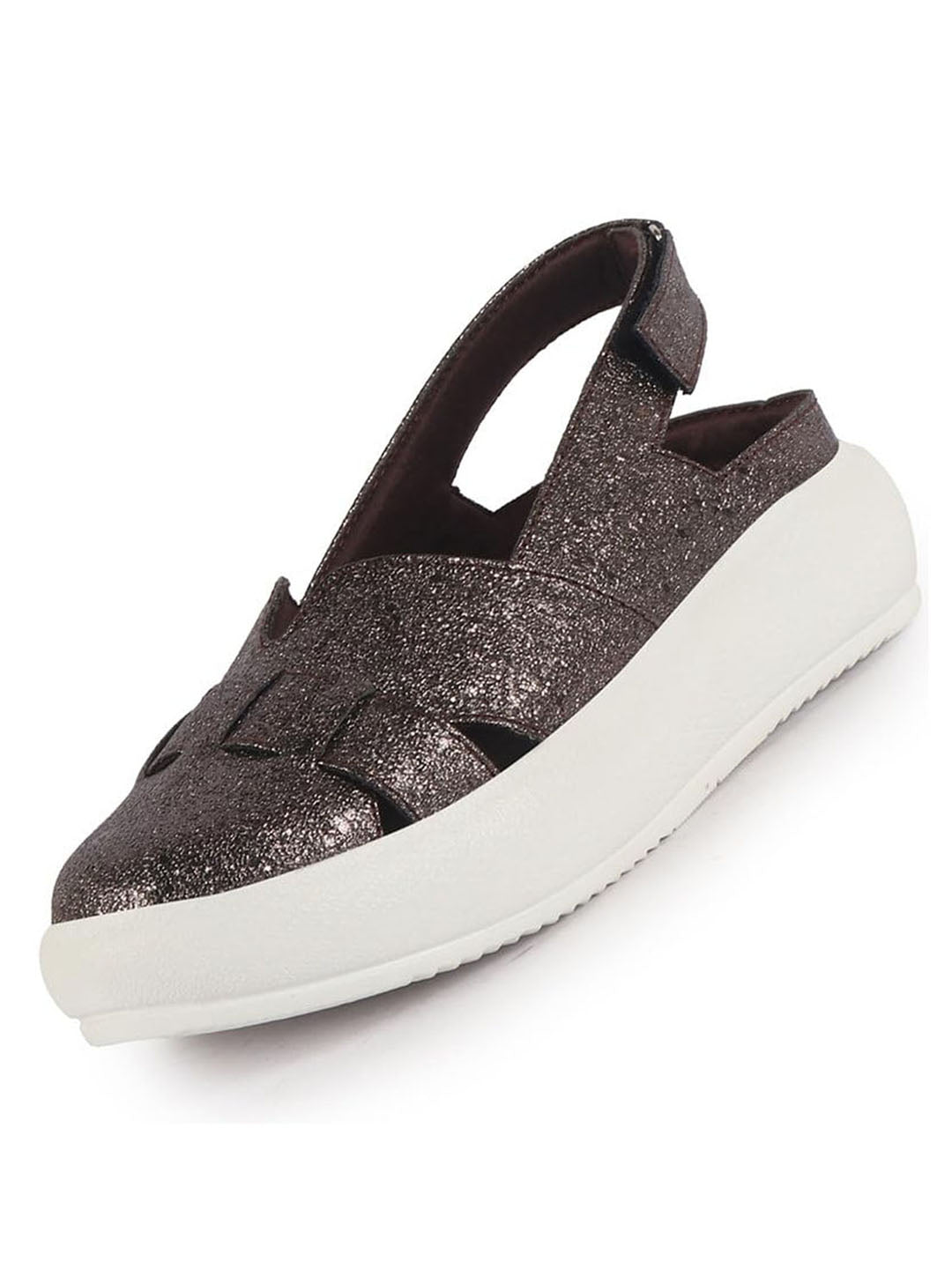 women dark grey embellished backstrap height enhancer hook and loop slip on shoes|casual shoe|evening party shoe|anti skid sole