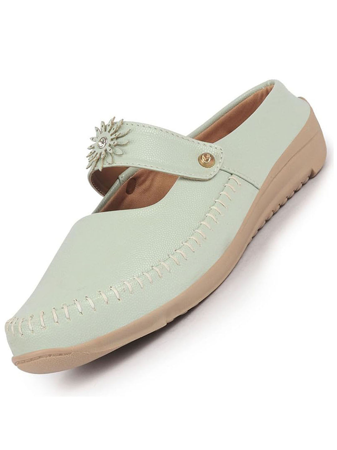 Women Pista Green Floral Strap Back Open Slip On Casual Shoes|Outing Weekend Dress Shoes|All Day Comfort Shoe