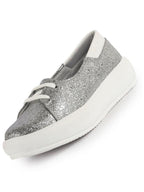 Women Silver Embellished Lace Height Enhancer Slip On Sneaker|Casual Shoe|Evening Party Shoe|Anti Skid Sole