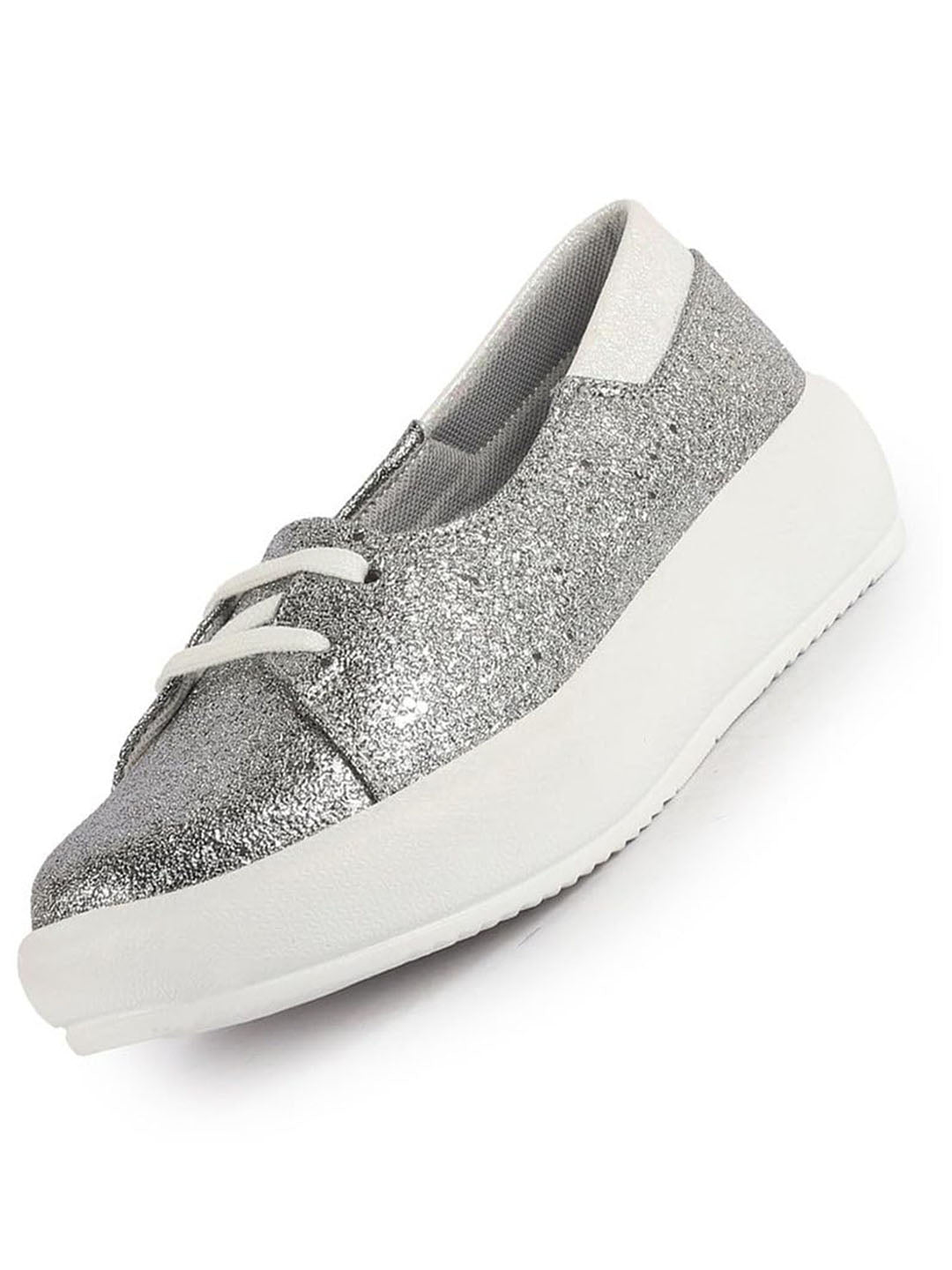 Women Silver Embellished Lace Height Enhancer Slip On Sneaker|Casual Shoe|Evening Party Shoe|Anti Skid Sole
