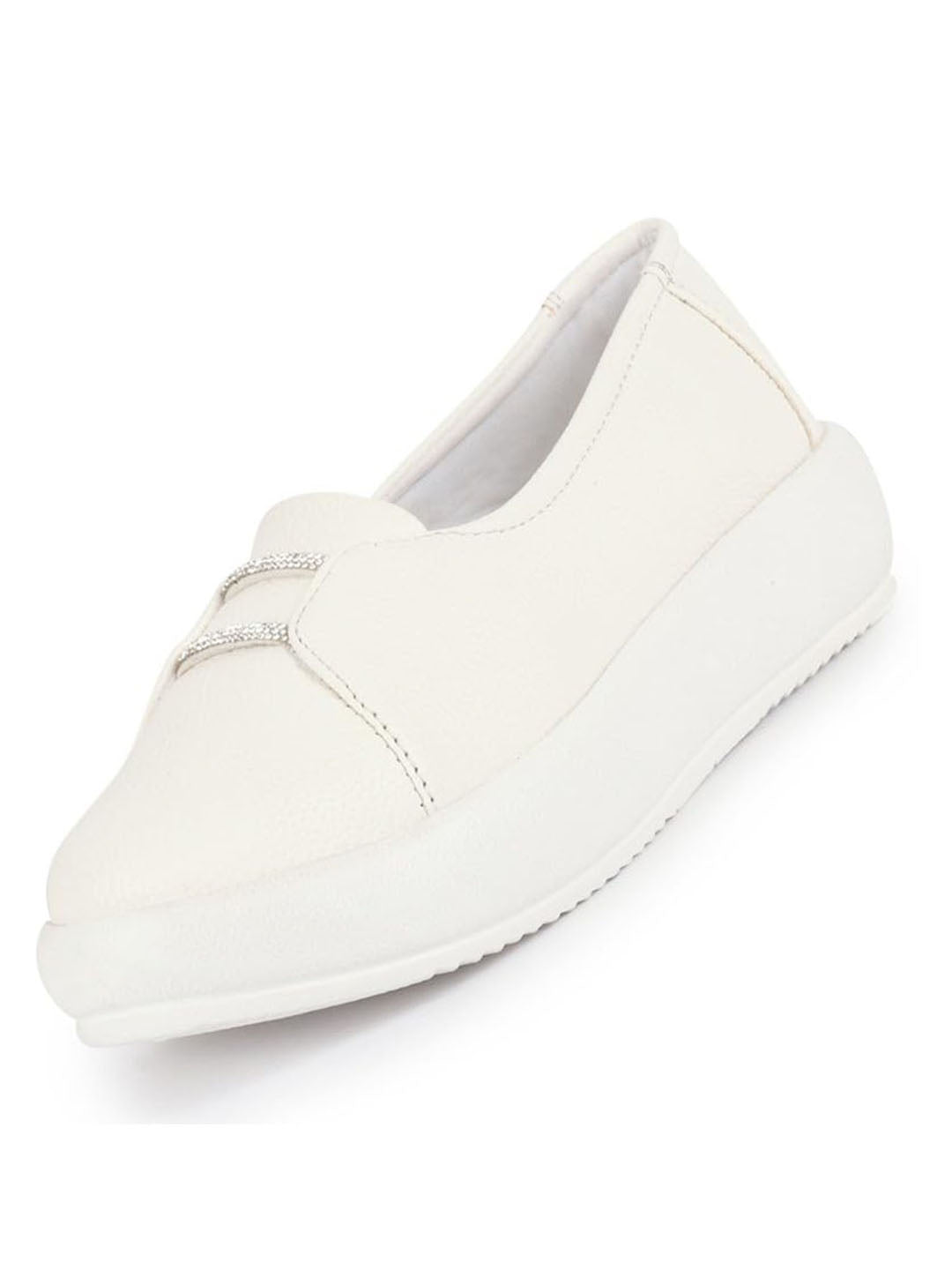 Women White Dual Lace Detail with Textured Slip-On Platform Loafers | Height Enhancer Chic Casual Shoes | Everyday Comfort with Memory Cusion Insole