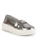 Women Grey Stylish Broad Cross Strap Design Slip-On Casual Comfort Shoes | Height Enhancer Shiny Party Loafers | Ballerina With Memory Cusion Insole