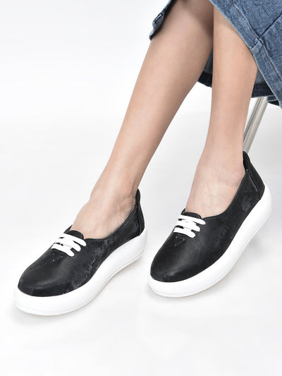 Women Black Height Enhancer Stylish Velvet Slip-On Sneakers with Lace | Memory Cushioned Insole | Causal Shoe | Anti Skid Sole