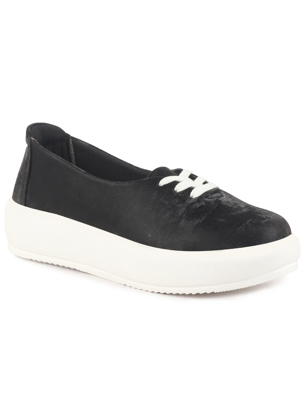 Women Black Height Enhancer Stylish Velvet Slip-On Sneakers with Lace | Memory Cushioned Insole | Causal Shoe | Anti Skid Sole