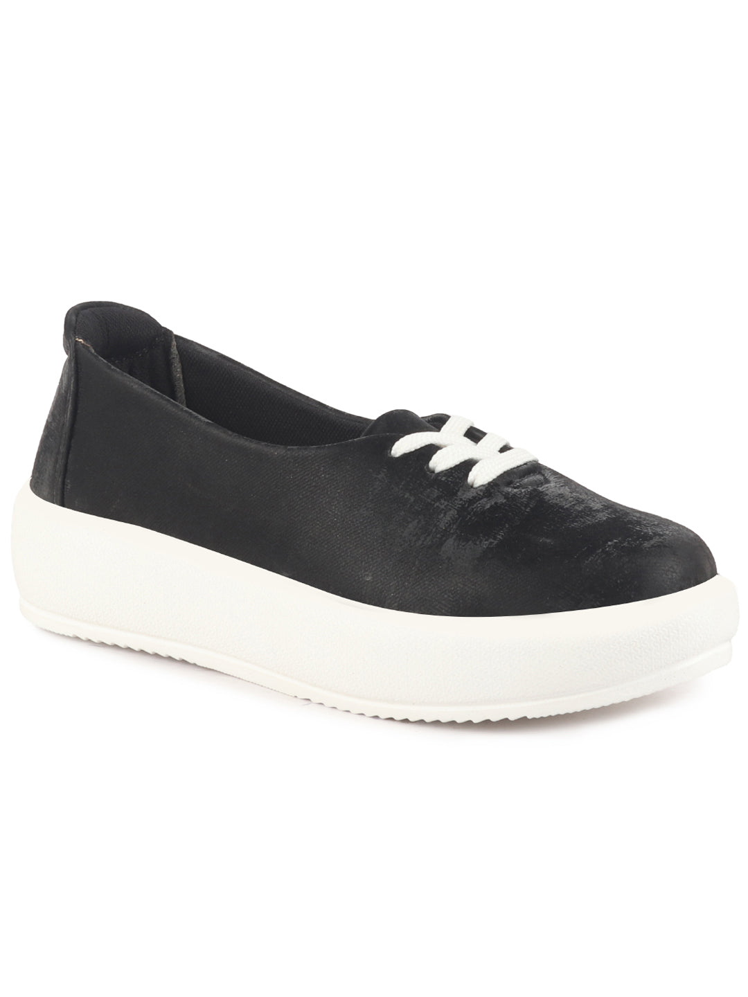 Women Black Height Enhancer Stylish Velvet Slip-On Sneakers with Lace | Memory Cushioned Insole | Causal Shoe | Anti Skid Sole