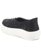 Women Black Height Enhancer Stylish Velvet Slip-On Sneakers with Lace | Memory Cushioned Insole | Causal Shoe | Anti Skid Sole