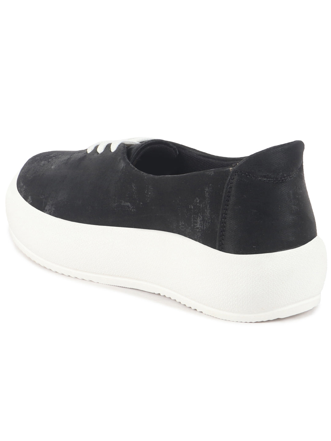 Women Black Height Enhancer Stylish Velvet Slip-On Sneakers with Lace | Memory Cushioned Insole | Causal Shoe | Anti Skid Sole