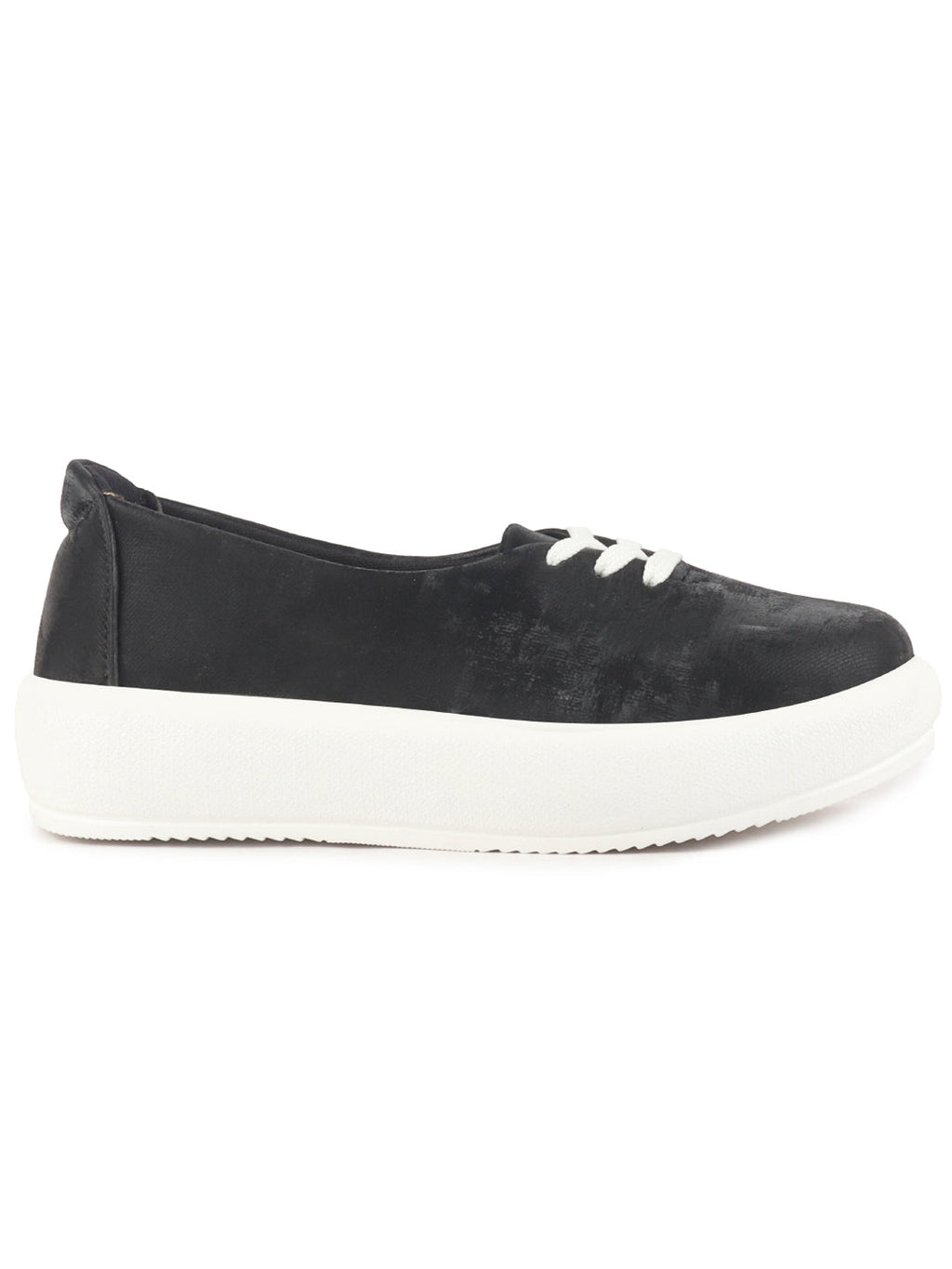 Women Black Height Enhancer Stylish Velvet Slip-On Sneakers with Lace | Memory Cushioned Insole | Causal Shoe | Anti Skid Sole