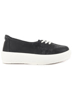 Women Black Height Enhancer Stylish Velvet Slip-On Sneakers with Lace | Memory Cushioned Insole | Causal Shoe | Anti Skid Sole