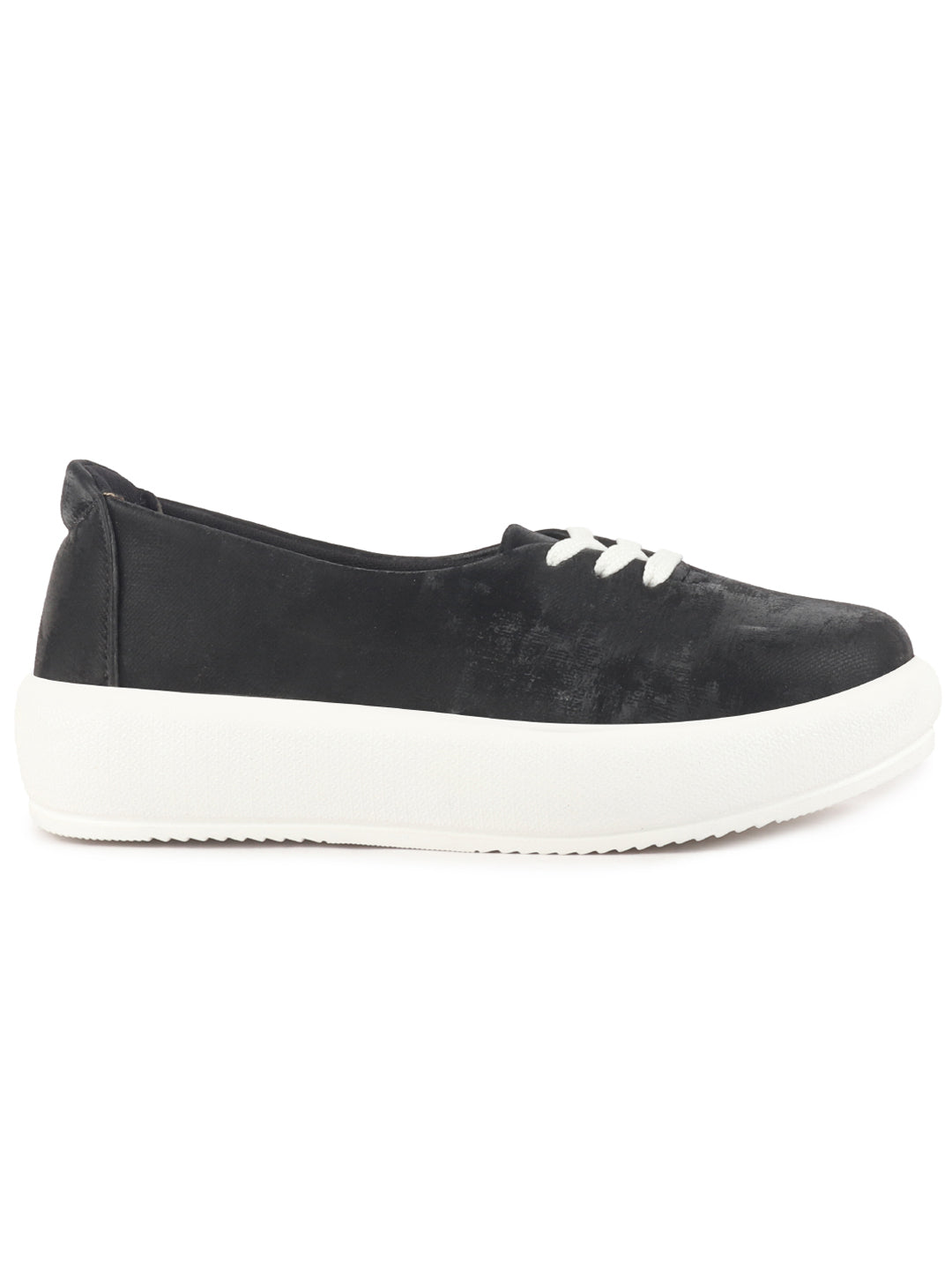 Women Black Height Enhancer Stylish Velvet Slip-On Sneakers with Lace | Memory Cushioned Insole | Causal Shoe | Anti Skid Sole