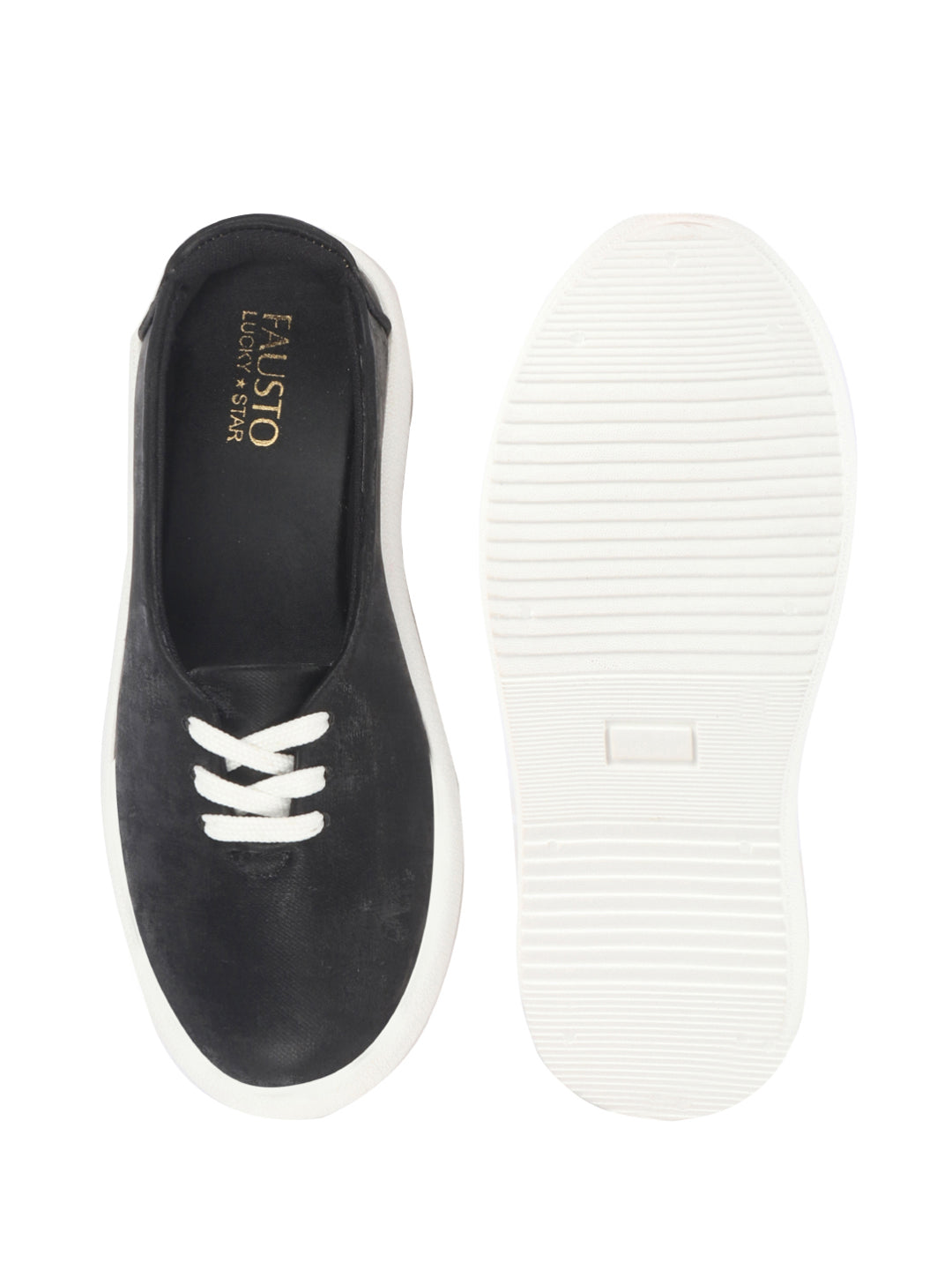 Women Black Height Enhancer Stylish Velvet Slip-On Sneakers with Lace | Memory Cushioned Insole | Causal Shoe | Anti Skid Sole
