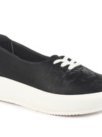 Women Black Height Enhancer Stylish Velvet Slip-On Sneakers with Lace | Memory Cushioned Insole | Causal Shoe | Anti Skid Sole