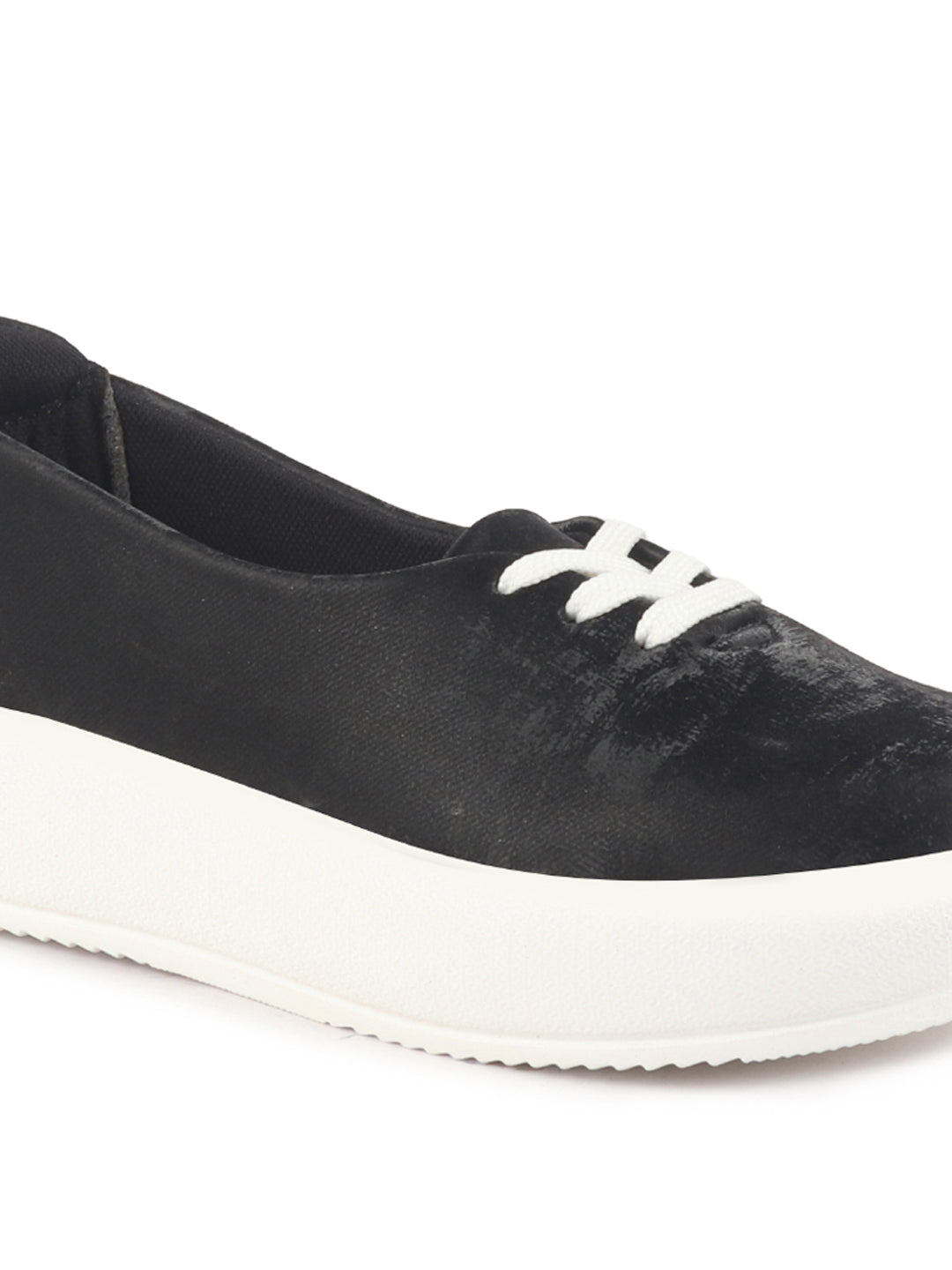 Women Black Height Enhancer Stylish Velvet Slip-On Sneakers with Lace | Memory Cushioned Insole | Causal Shoe | Anti Skid Sole