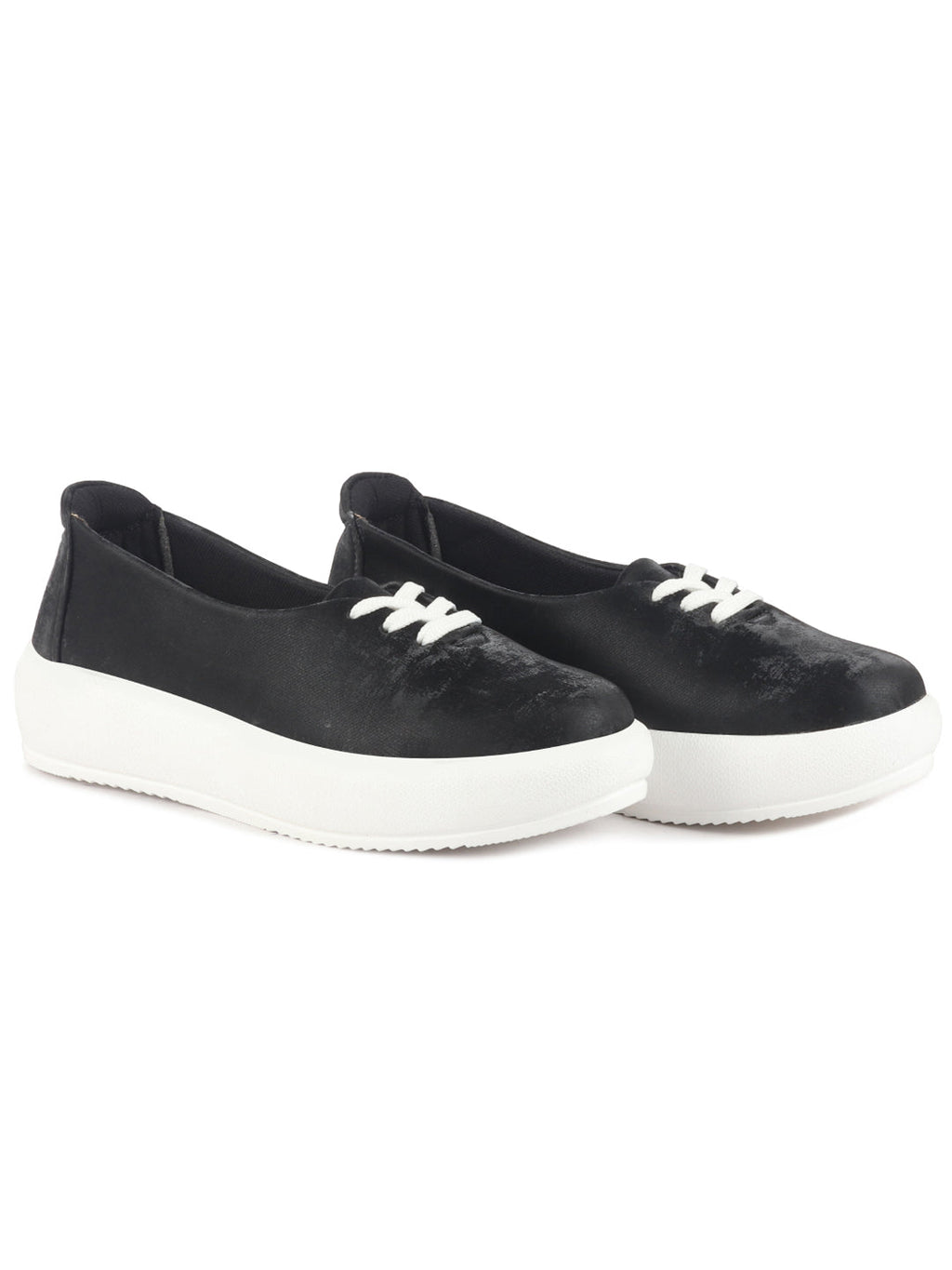 Women Black Height Enhancer Stylish Velvet Slip-On Sneakers with Lace | Memory Cushioned Insole | Causal Shoe | Anti Skid Sole