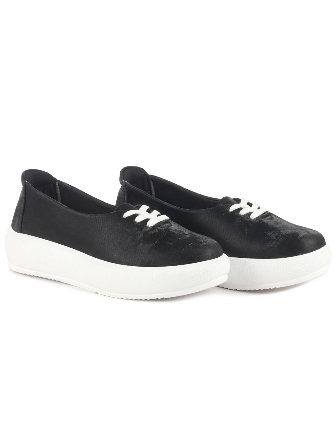 Women Black Height Enhancer Stylish Velvet Slip-On Sneakers with Lace | Memory Cushioned Insole | Causal Shoe | Anti Skid Sole