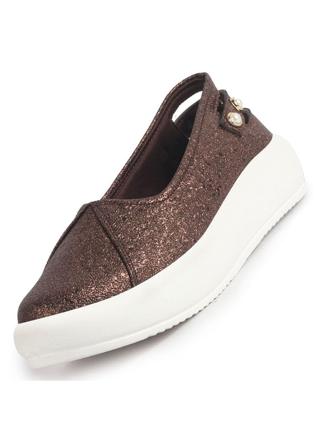 Women Copper Glitter Slip-On Casual Platform Shoe with Pearl Detail|Height Enhancer Shiny Party Loafers|Ballerina with Memory Cusion Insole