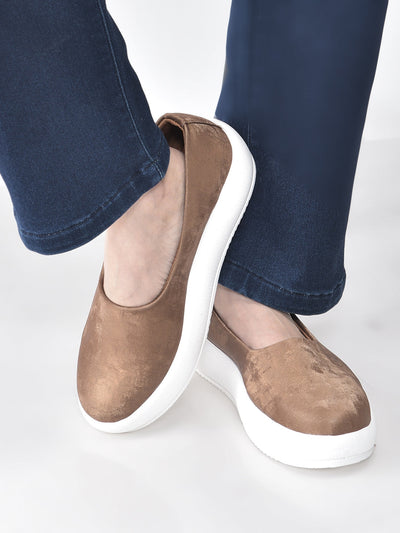 Women Brown Soft Upper Platform Slip-On Shoes with Cushioned Insole|White Sole Lightweight Casual Comfort Ballet Flats|Ballerina Shoes Anti Skid Sole