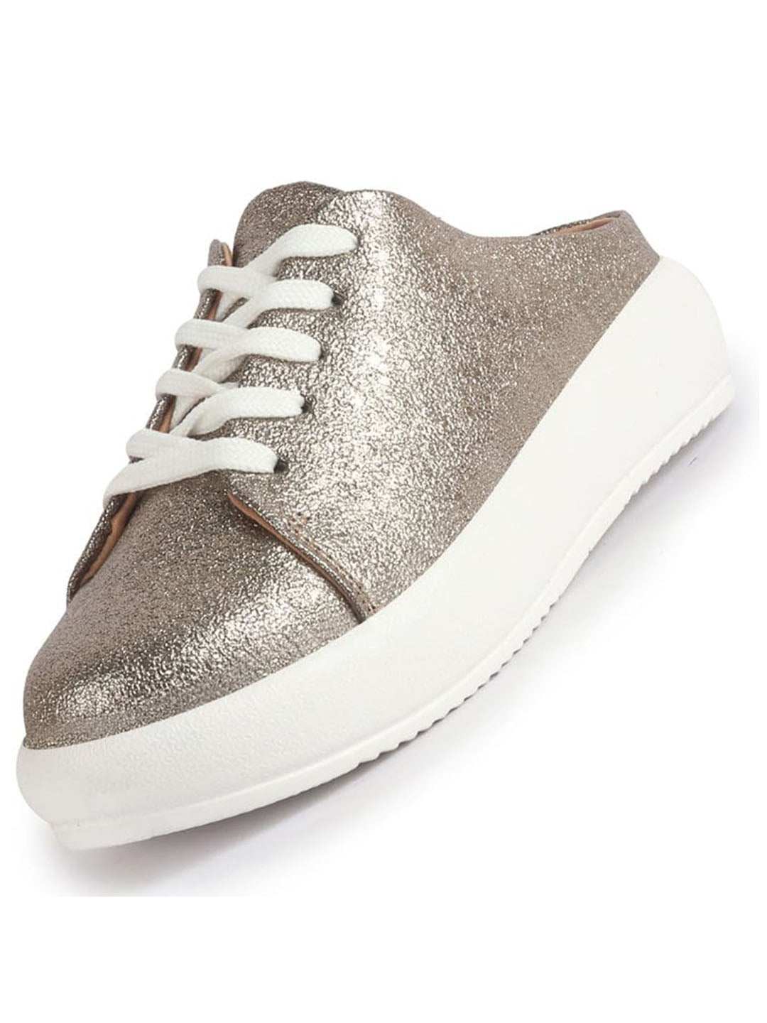 Women Antique Back Open Glitter Mule Sneakers with Lace-Up Front|White Platform Sole Slip On Shoe|Memory Cushioned Insole