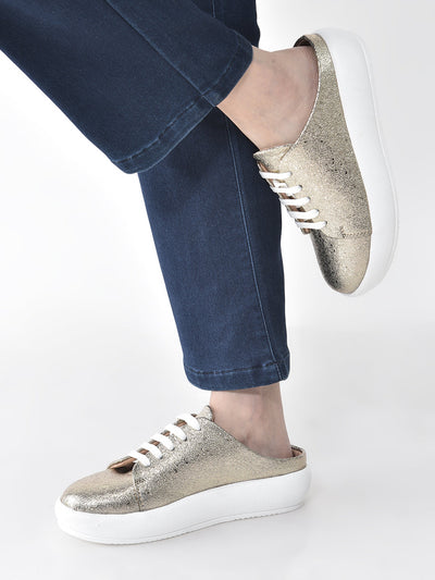 Women Antique Back Open Glitter Mule Sneakers with Lace-Up Front|White Platform Sole Slip On Shoe|Memory Cushioned Insole