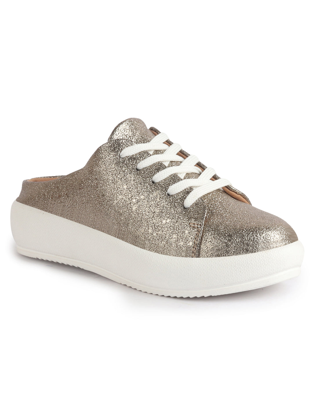 Women Antique Back Open Glitter Mule Sneakers with Lace-Up Front|White Platform Sole Slip On Shoe|Memory Cushioned Insole